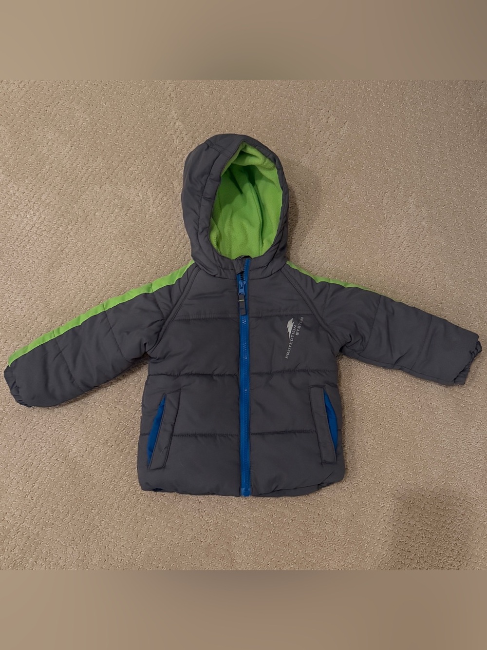 Protection System Kids Gray & Green Hooded Puffer Jacket Size 12M